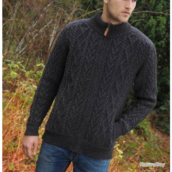 Cardigan zip pour homme avec �paulettes en tricot L (large) gris anthracite