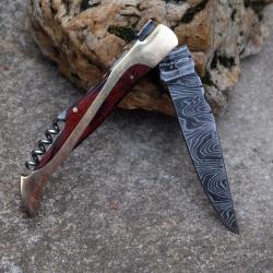 Couteau Damas Lame 128 Couches Fa&ccedil;on Laguiole Abeille Manche Bois/Laiton Tire Bouchons F Artisanale