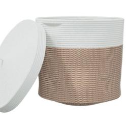 Panier rangement coton marron blanc &Oslash;40x35 cm avec couvercle pliable