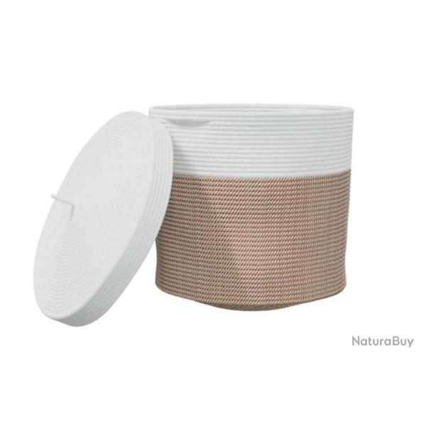 Panier rangement coton marron blanc �40x35 cm avec couvercle pliable