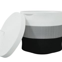 Panier rangement coton noir blanc &Oslash;40x35 cm avec couvercle pliable