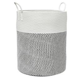 Panier rangement coton gris blanc &Oslash;38x46 cm pliable avec poign&eacute;es