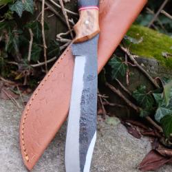 BIG Couteau Buscharft Survie Bowie Lame Clip Point Carbone 1075 Etui Cuir Manche Bois Fab Artisanale