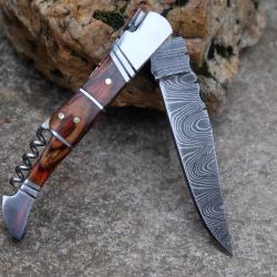 Couteau Damas Lame 128 Couches Fa&ccedil;on Laguiole Abeille Manche 3 Bois Tire Bouchons Fabric Artisanale