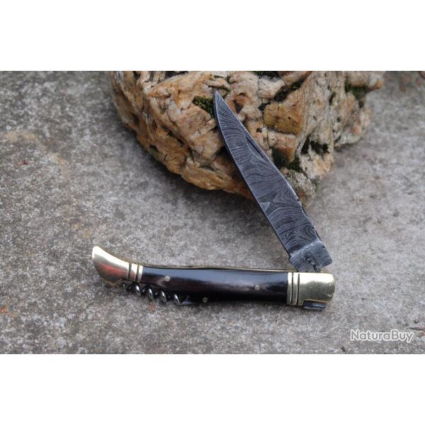 Couteau Damas Lame 128 Couches Fa�on Laguiole Abeille Manche Corne Tire Bouchons F Artisanale 001