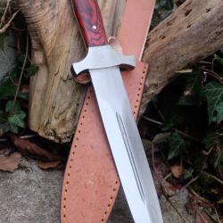Couteau De Chasse Dague Lame Acier Carbone 1055 Manche Bois Garde Acier Etui Cuir Fab Artisanale
