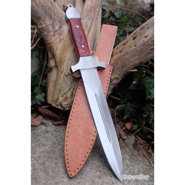 Couteau De Chasse Dague Lame Acier Carbone 1055 Manche Bois Garde Acier Etui Cuir Fab Artisanale