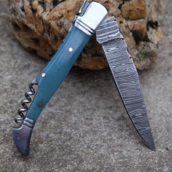 Couteau Damas Lame 128 Couches Fa&ccedil;on Laguiole Abeille Manche Jade Tire Bouchons Fabric Artisanale