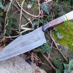 Couteau de Cuisine Style Japonais Kiritsuke Lame Acier Damas 256 Couches Manche Os/Bois F Artisanale