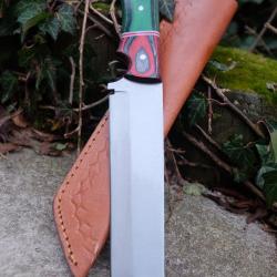 Couteau Mini Katana Tanto Lame Acier Carbone 1055 Manche 2 Bois Etui Cuir Fabrication Artisanale