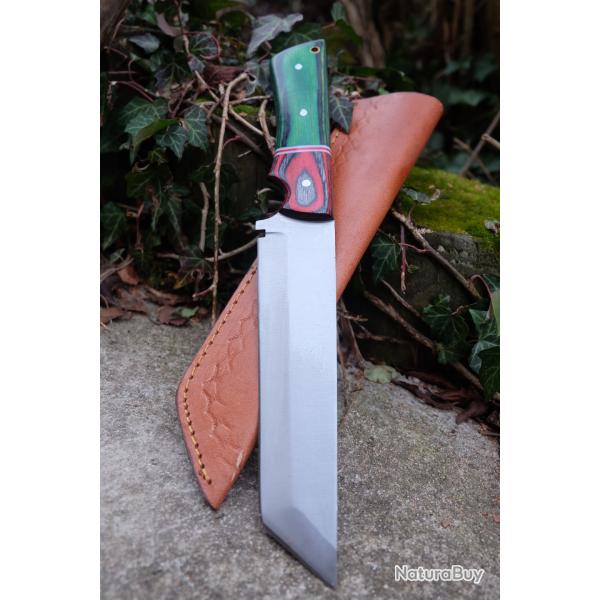 Couteau Mini Katana Tanto Lame Acier Carbone 1055 Manche 2 Bois Etui Cuir Fabrication Artisanale