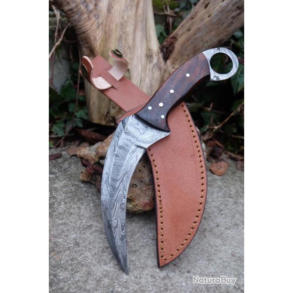 Couteau Karambit Lame Acier Damas 256 Couches Manche Bois de Rose Etui Cuir Fabr Artisanale 001