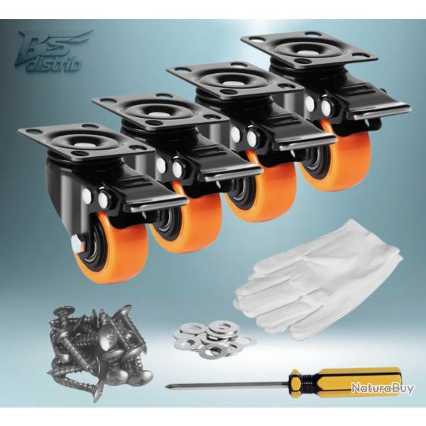 Lot de 4 Roulettes Pivotantes 50,8 mm Roues Silencieuses en PVC avec Frein