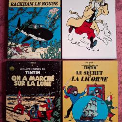 Lot de 4 tableaux peints &agrave; la main et laqu&eacute;s Tintin