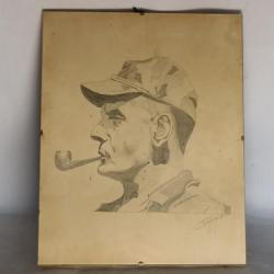 Dessin au crayon papier du G&eacute;n&eacute;ral Bigeard vintage 50/60