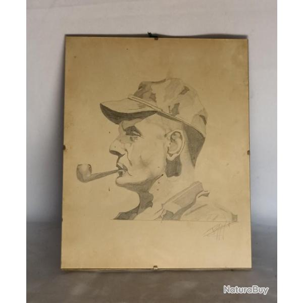 Dessin au crayon papier du G�n�ral Bigeard vintage 50/60
