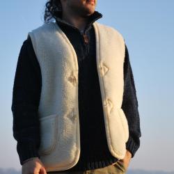 Gilet de Berger sans manches pure laine boutons brandebourg blanc &eacute;cru L (large)
