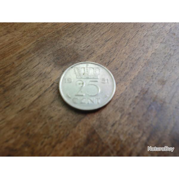 monnaie pays bas 25 cent  1951