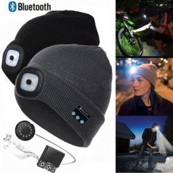 Bonnet Noir Sans Fil Bluetooth avec Ecouteur et Eclairage 4 Led Rechargeable USB LIVRAISON GRATUITE