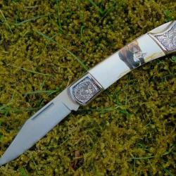 Couteau de poche pliant motif ours - style chasse & outdoor - lame 8cm - neuf