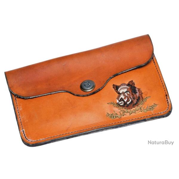 Pochette � balle en cuir de vachette brod�e sanglier