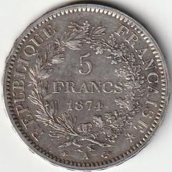 Monnaie ARGENT France 5 francs Hercule IIIe R&eacute;publique 1874 Paris