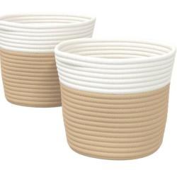 Paniers rangement coton beige blanc &Oslash;24x18 cm pliables avec poign&eacute;es