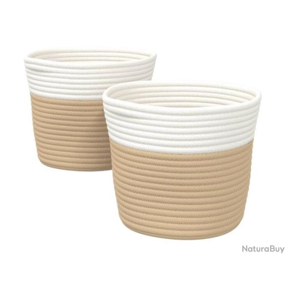 Paniers rangement coton beige blanc �24x18 cm pliables avec poign�es