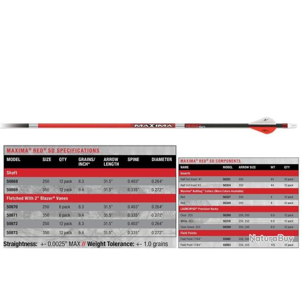 Lot de 12 tubes Carbon Express Maxima Red SD en carbone 250