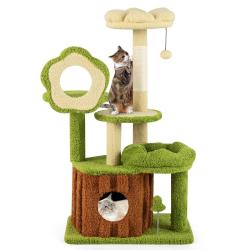 Arbre &agrave; chat multi-niveaux avec condo 100 x 55 x 40 cm griffoir et jouets fleuri en bois composite