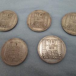 en lot 5 pieces de 10 francs argent - turin - 3 pieces de  1930 plus  une  1932 et 1933 parfait &eacute;tat