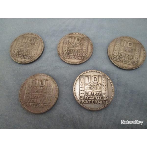en lot 5 pieces de 10 francs argent - turin - 3 pieces de  1930 plus  une  1932 et 1933 parfait �tat
