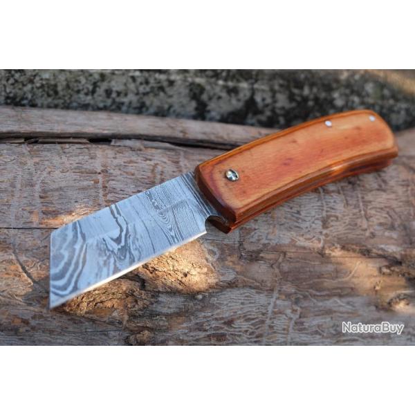 Couteau Pi�montais Manche Bois Lame Tanto Reverse Acier Damas 128 Couches Fabrication Artisanale