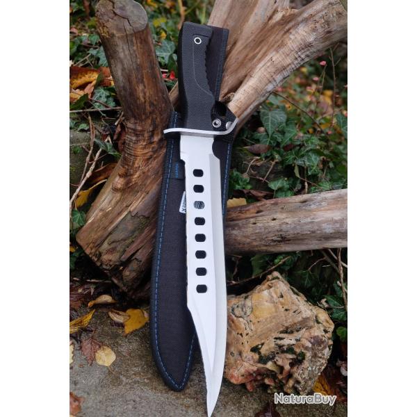 Poignard Gros Couteau de Chasse A Servir Bowie Lame Acier Black 440 Etui Nylon Poignard Outlaw 001