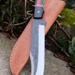 BIG Couteau Buscharft Survie Lame Clip Point Acier Carbone 1075 Etui Cuir Manche R&eacute;sine Fab Artisan