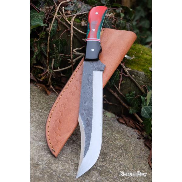 BIG Couteau Buscharft Survie Lame Clip Point Acier Carbone 1075 Etui Cuir Manche R�sine Fab Artisan