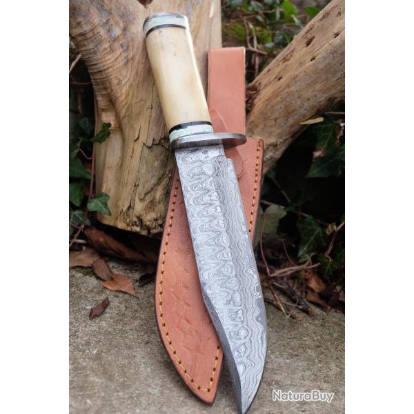 Couteau Poignard Lame Acier Damas 256 Couches Manche Os Garde Damas Etui Cuir Fabric Artisanale 001