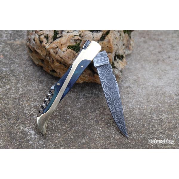 Couteau Damas Lame 128 Couches Fa�on Laguiole Abeille Manche Bois/Laiton Tire Bouchons F ArtisanaleA