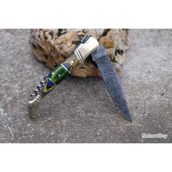 Couteau Damas Lame 128 Couches Fa�on Laguiole Abeille Manche 3 Bois Tire Bouchons Fabr Artisanale