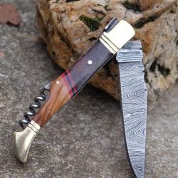 Couteau Damas Lame 128 Couches Fa&ccedil;on Laguiole Abeille Manche 2 Bois Tire Bouchons Fabr Artisanale 01