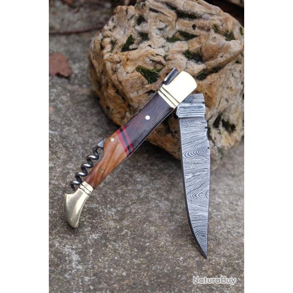 Couteau Damas Lame 128 Couches Fa�on Laguiole Abeille Manche 2 Bois Tire Bouchons Fabr Artisanale 01