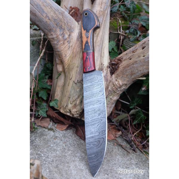 Grand Couteau de Cuisine Damas Lame 256 Couches Manche Bois Canard Fabrication Artisanale