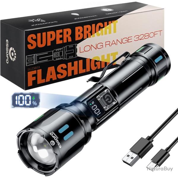 Lampes Torche LED Ultra Puissante 1000000 Lumens USB C �tanche IP65 �clairage 3 Modes Zoom �cran LCD