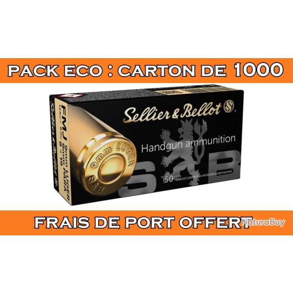 OFFRE ECO - CARTON DE 1000 CARTOUCHES SELLIER BELLOT CAL.9x19 / 9 PARABELLUM / 9 LUGER FMJ 124GRS - 