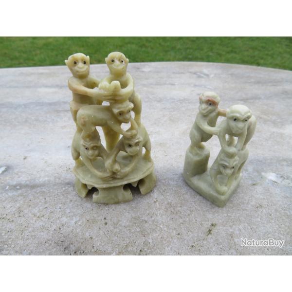 Art d'Asie - Ancienne paire de statuette de singe en pierre ollaire (Vers 1950-60)