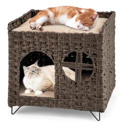 Maison de chat pliable 50,5 x 45 x 50 cm confort optimal finition &eacute;l&eacute;gante ambiance cosy en rotin b