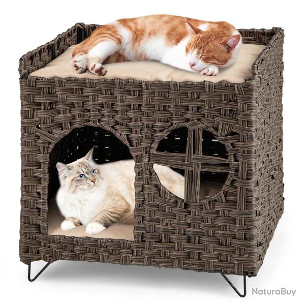 Maison de chat pliable 50,5 x 45 x 50 cm confort optimal finition �l�gante ambiance cosy en rotin b