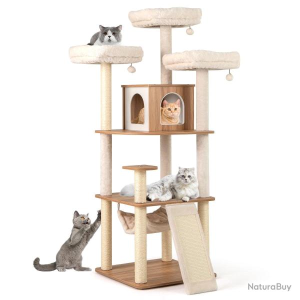 Arbre � chat avec condo et hamac 58 x 58 x 168 cm pour 2-3 chats ambiance cosy en bois naturel et b