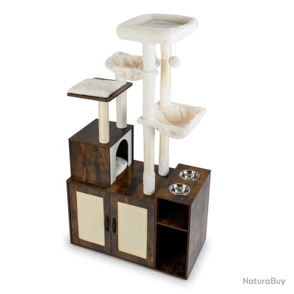 Arbre � chat 87 x 45 x 161 cm avec bac � liti�re ferm� et station d'alimentation en bois marron 20_