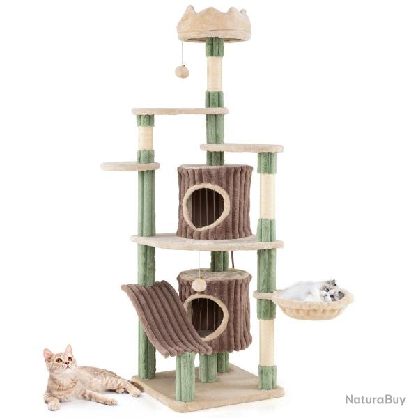 Arbre � chat multi-niveaux 77,5 x 68 x 163 cm avec condos et jouets en peluche design vert et marro